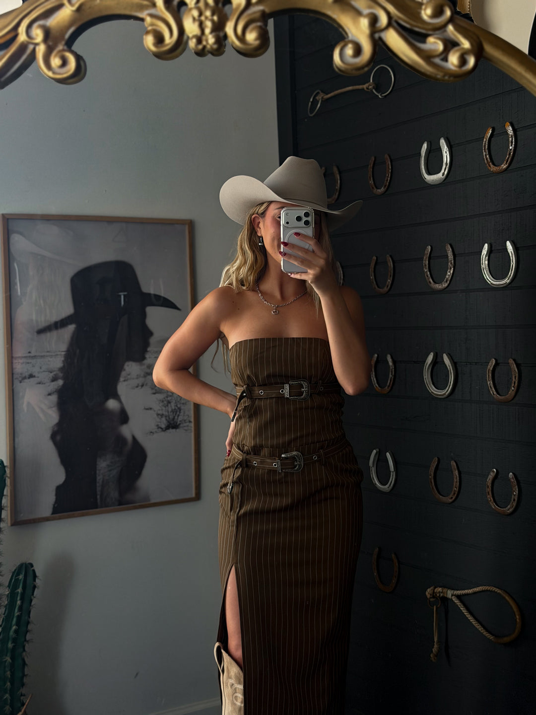 The Outlaw Pinstripe Buckle Maxi Dress