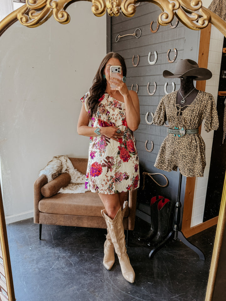 Ivory Bloom One-Shoulder Ruffle Dress