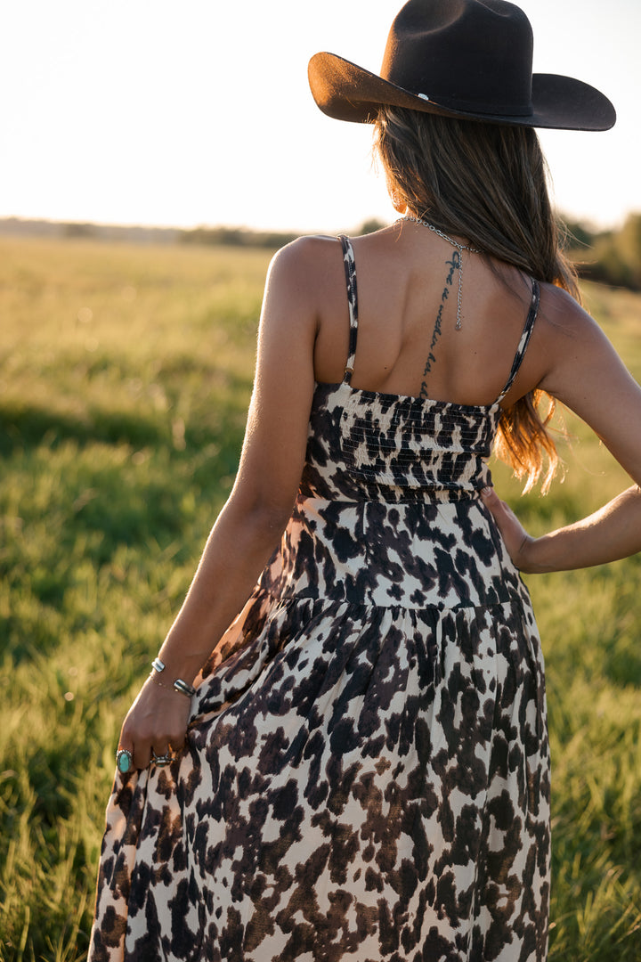 Cow Print Drop Waist Midi Dress