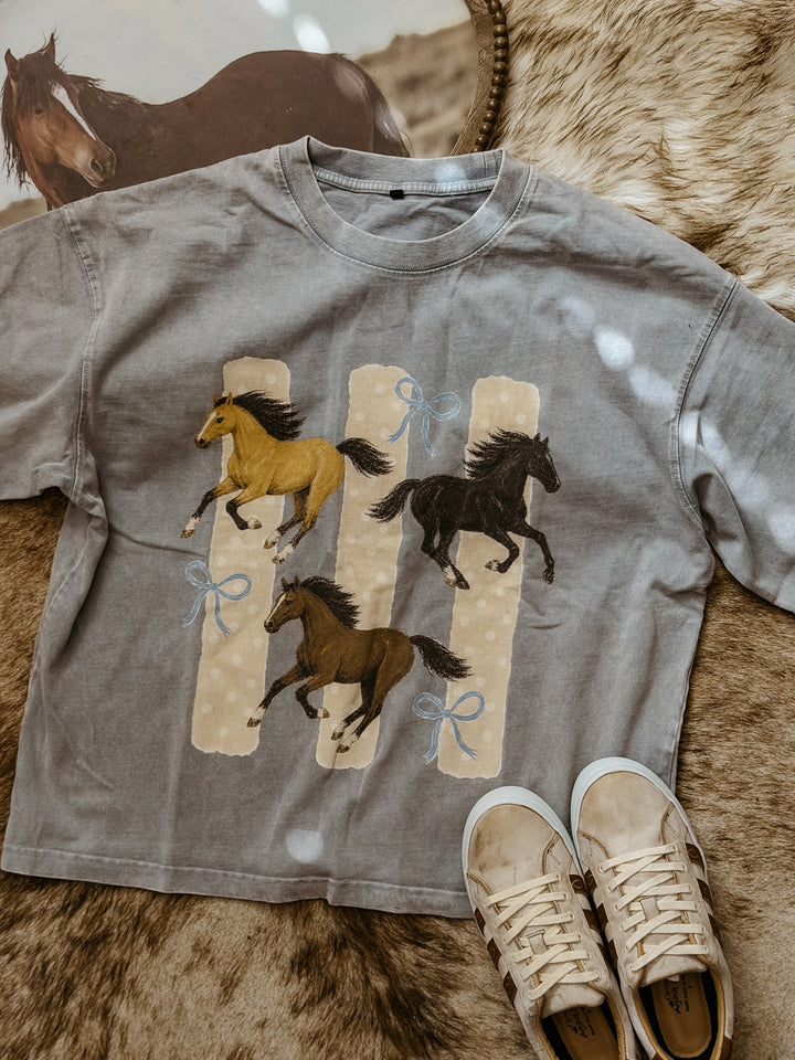Horses &amp; Bows Vintage Wash Boxy Cotton Graphic Tee