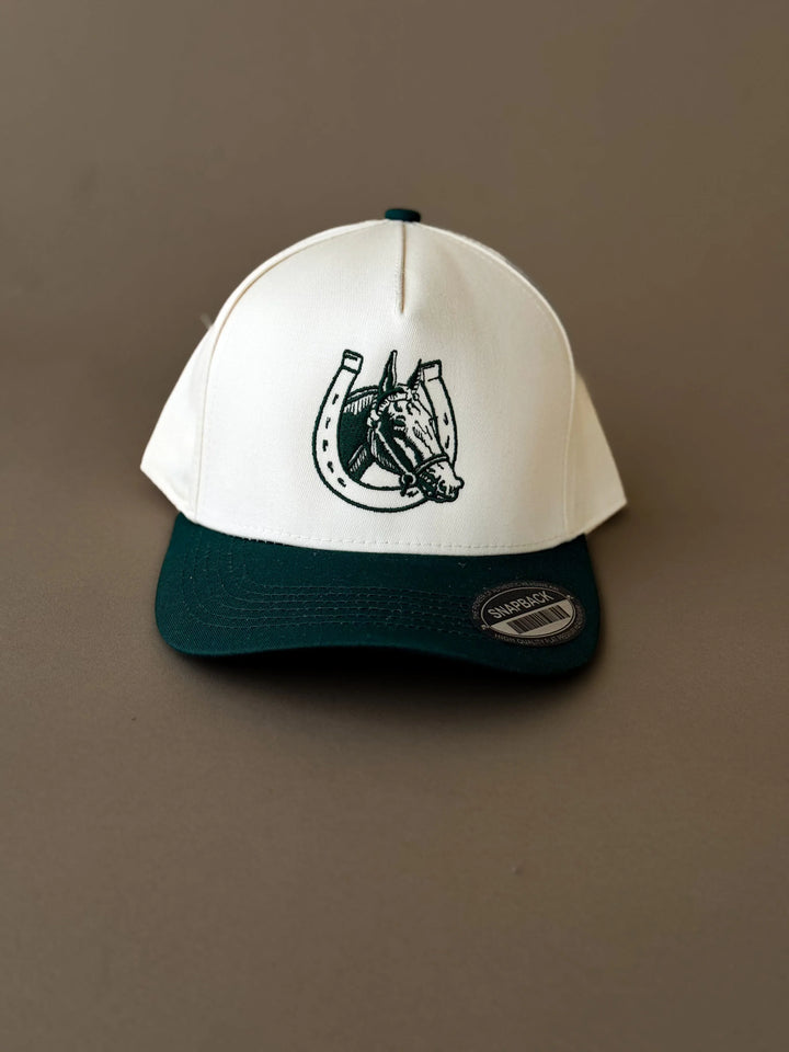 Western snapback hat with horse and horseshoe embroidery, two-tone green and white design