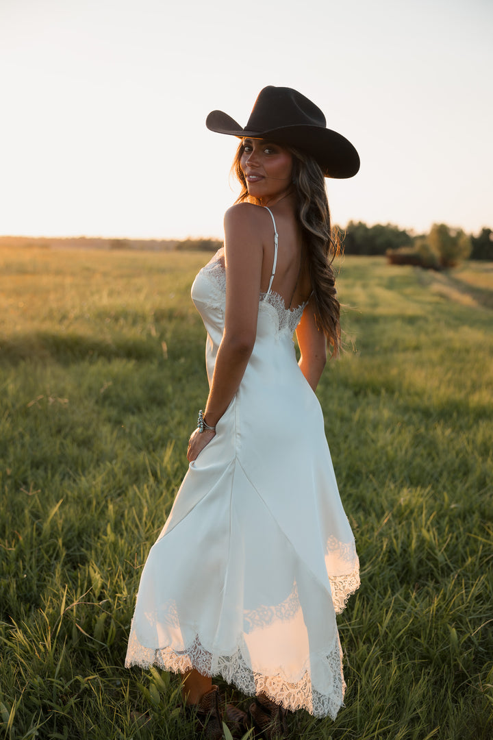 Ivory Lace Trim Satin Asymmetrical Midi Dress