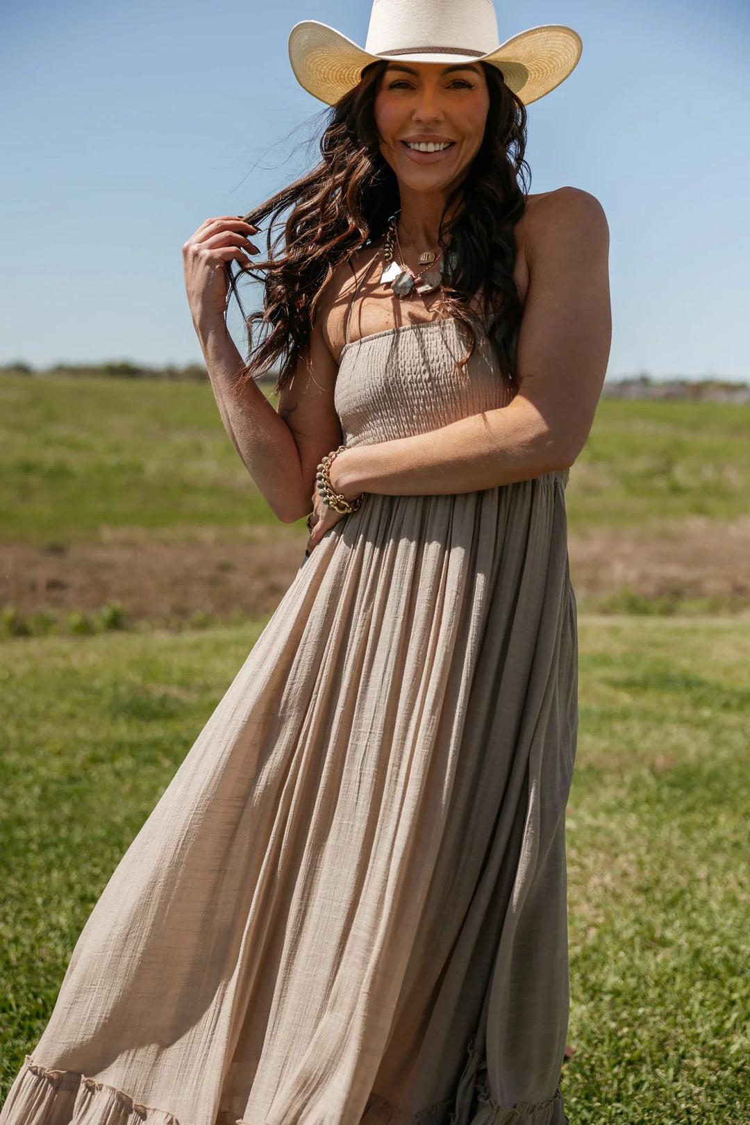 Taupe Smocked Halter Maxi Dress
