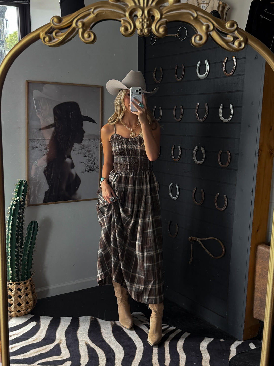 Timber Trail Plaid Smocked Midi Dress