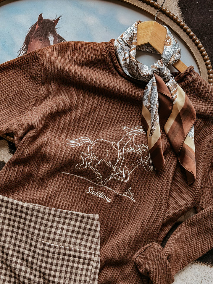 Embroidered Saddle Up Sweater- Brown