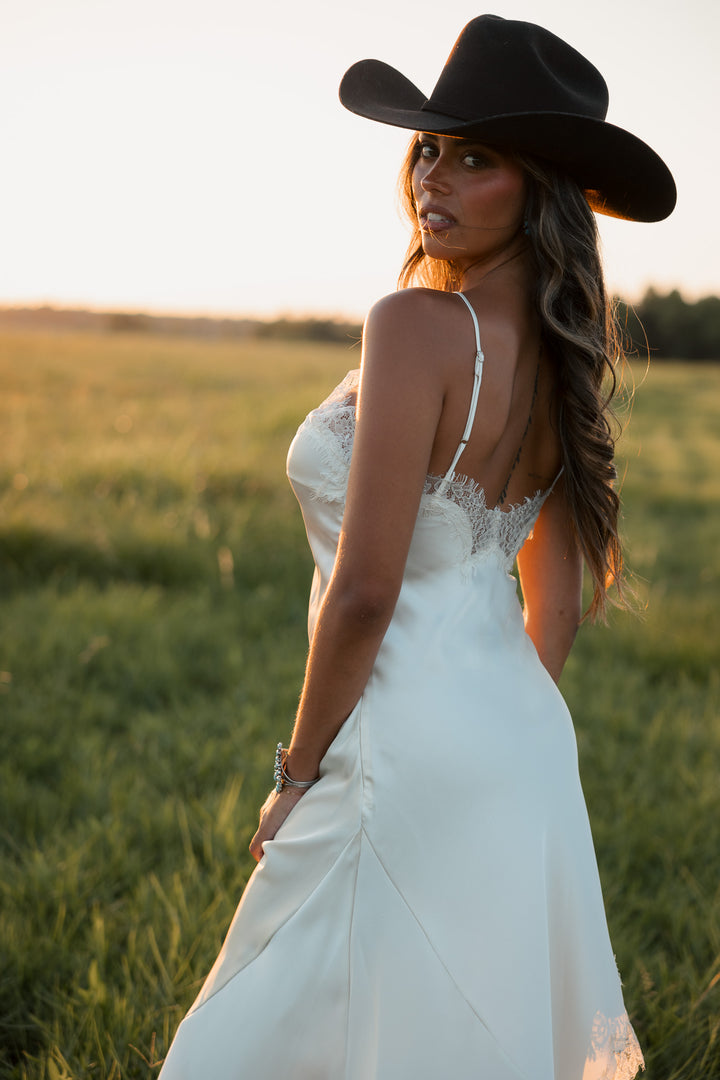 Ivory Lace Trim Satin Asymmetrical Midi Dress