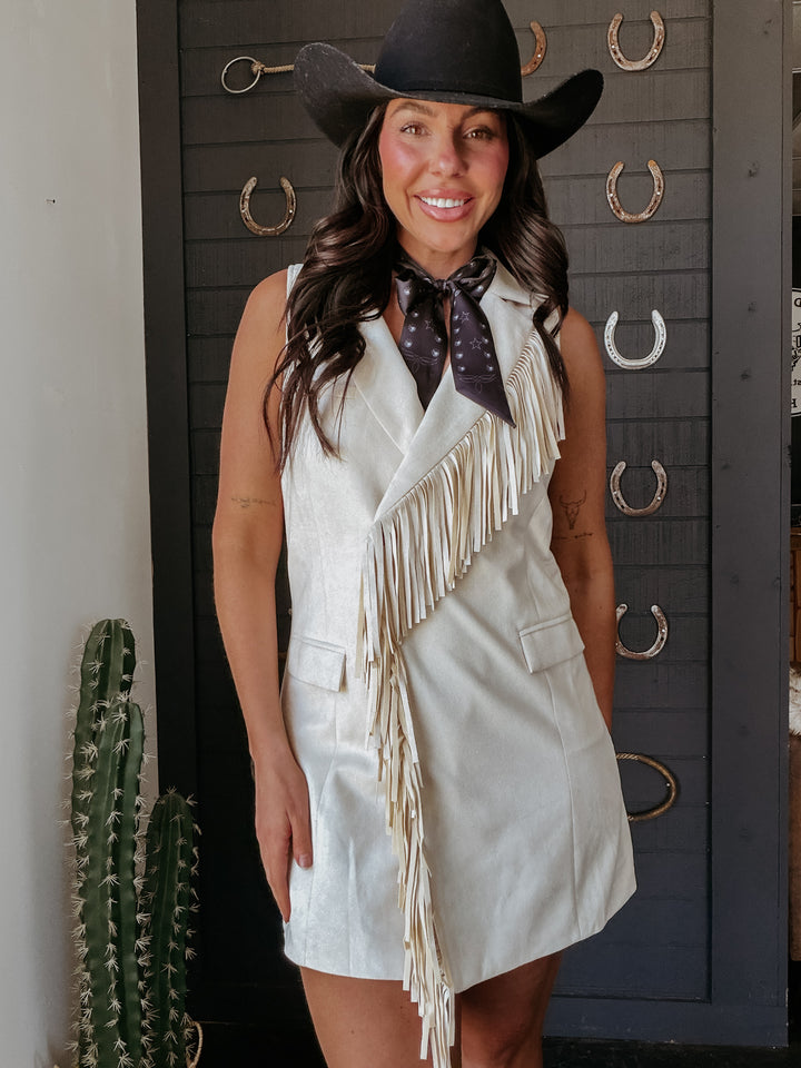 Double Fringe Suede Dress- Ivory
