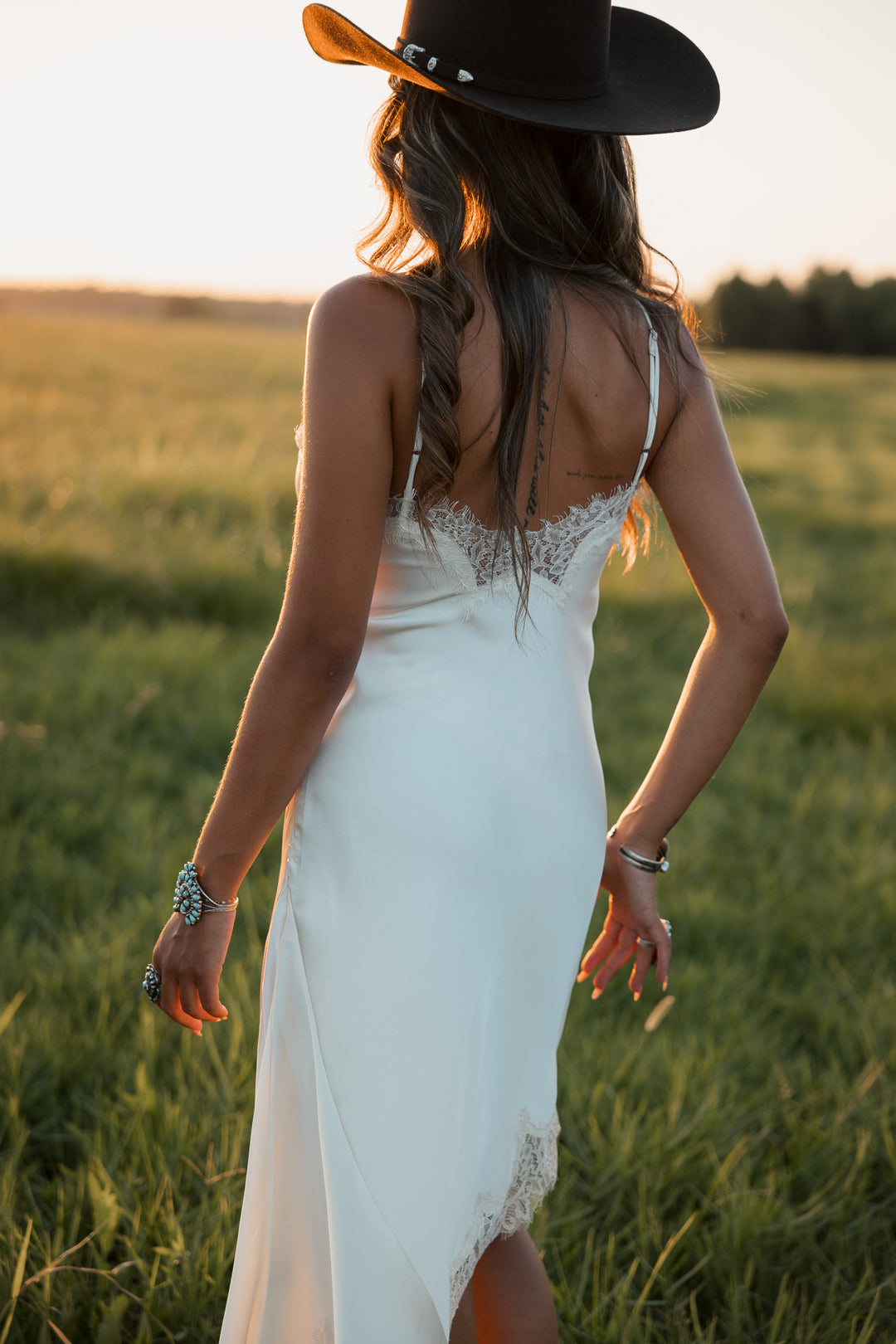 Ivory Lace Trim Satin Asymmetrical Midi Dress