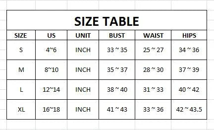 Size table for clothing measurements in inches