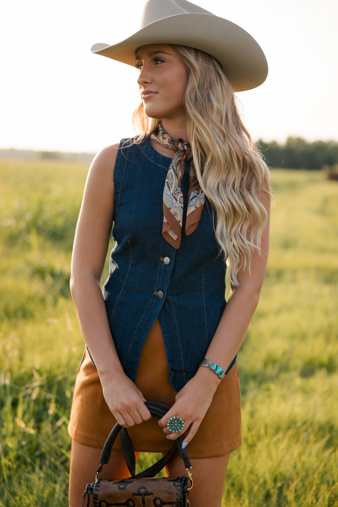 Dark Wash Split Hem Button Front Denim Vest