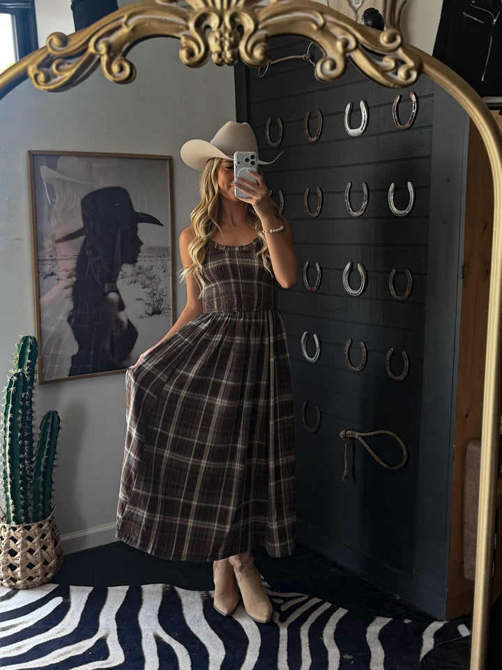 Timber Trail Plaid Smocked Midi Dress