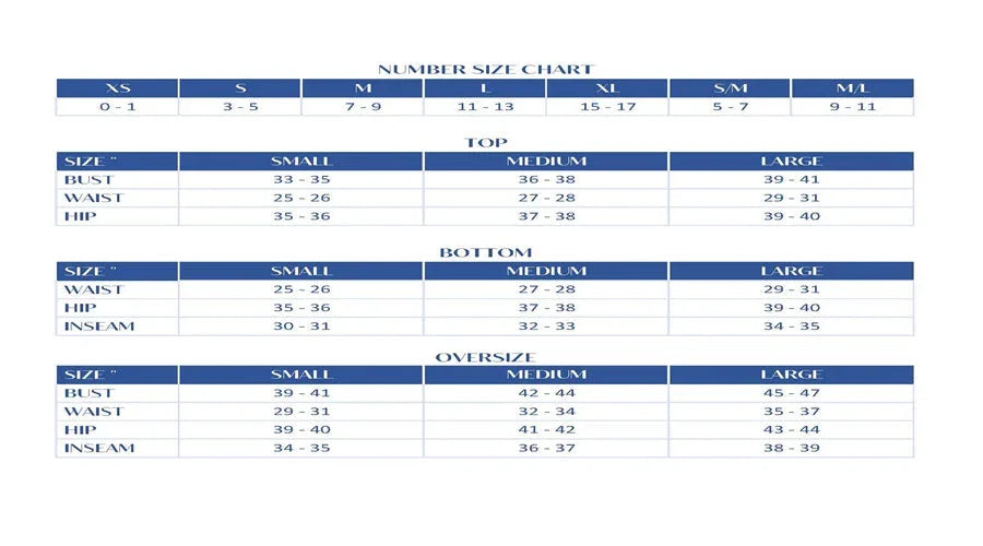Size chart for clothing with measurements in centimeters on a white background