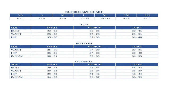 Size chart for clothing with measurements in centimeters on a white background