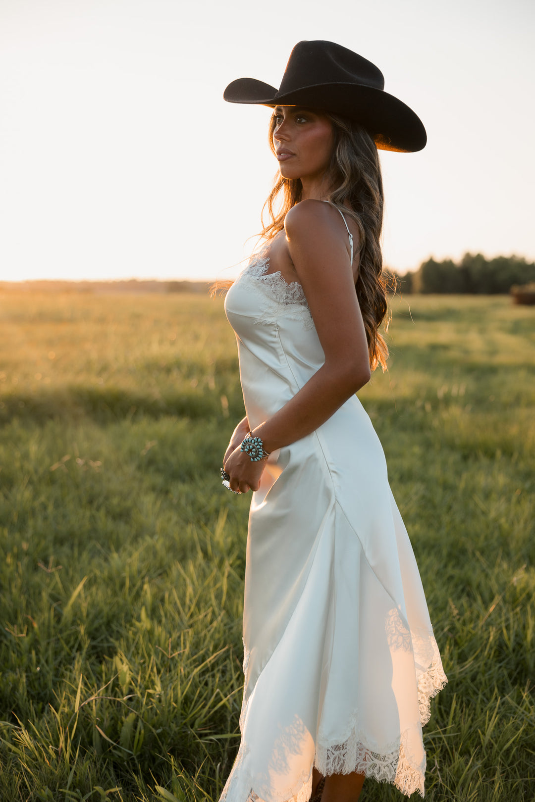 Ivory Lace Trim Satin Asymmetrical Midi Dress
