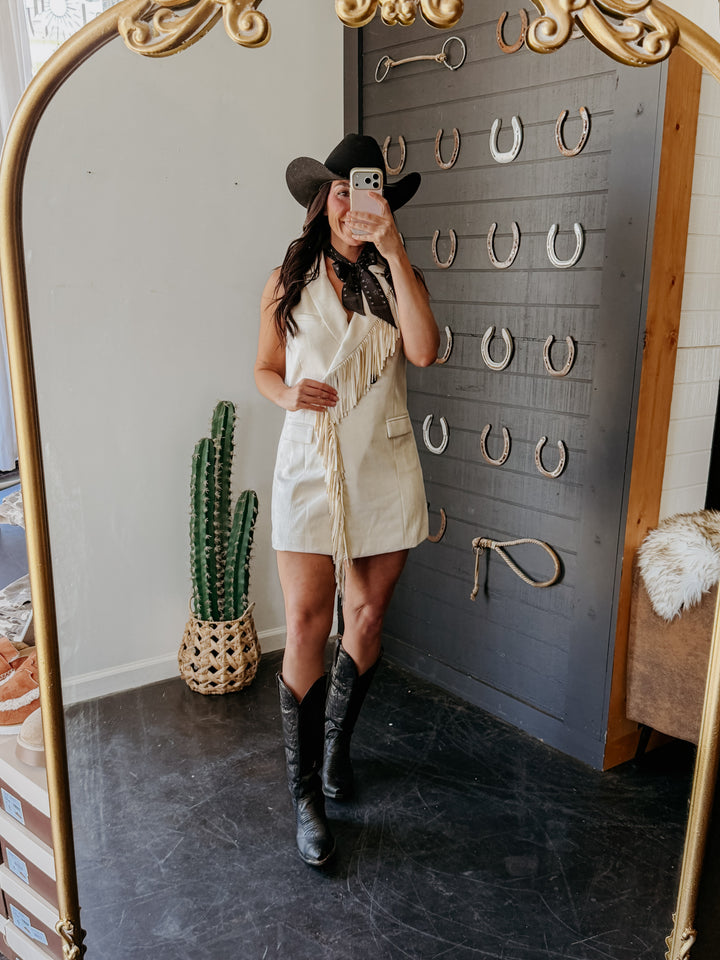 Double Fringe Suede Dress- Ivory