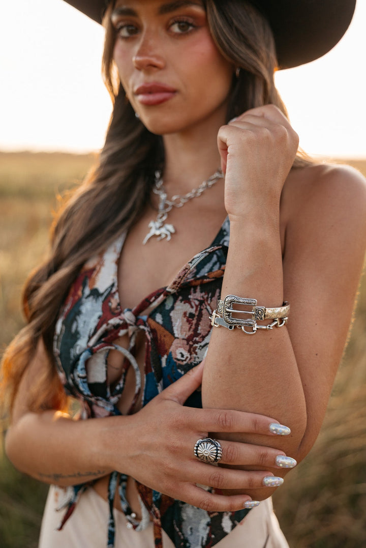 Silver Western Buckle Stretch Bracelet