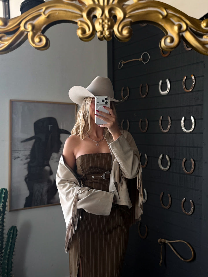 The Outlaw Pinstripe Buckle Maxi Dress