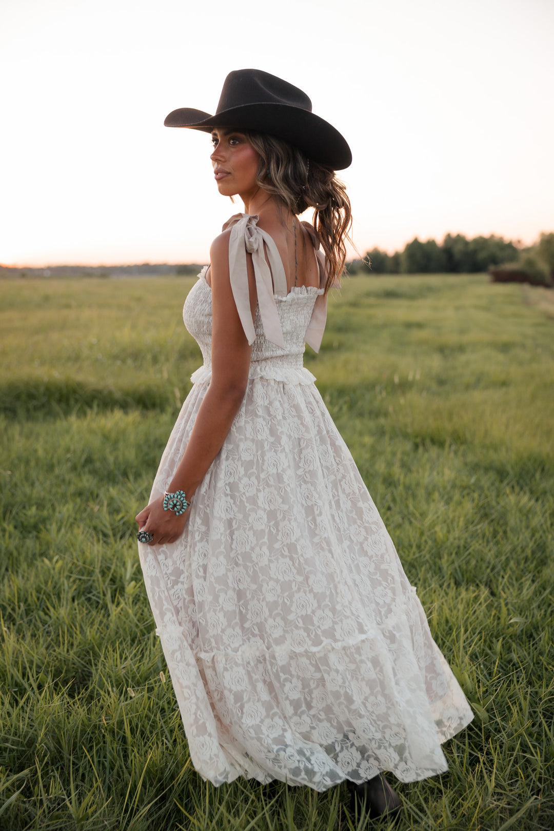 Dust &amp; Lace Tie Shoulder Midi Dress
