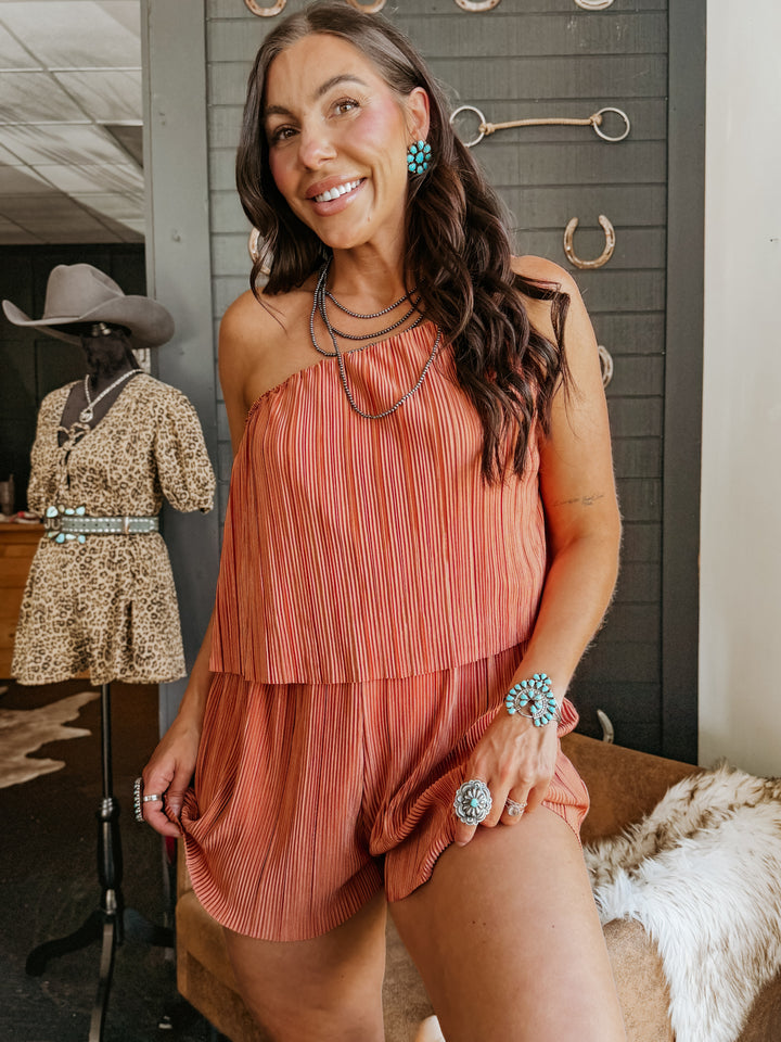 Dusty Rose Pleated One-Shoulder Romper