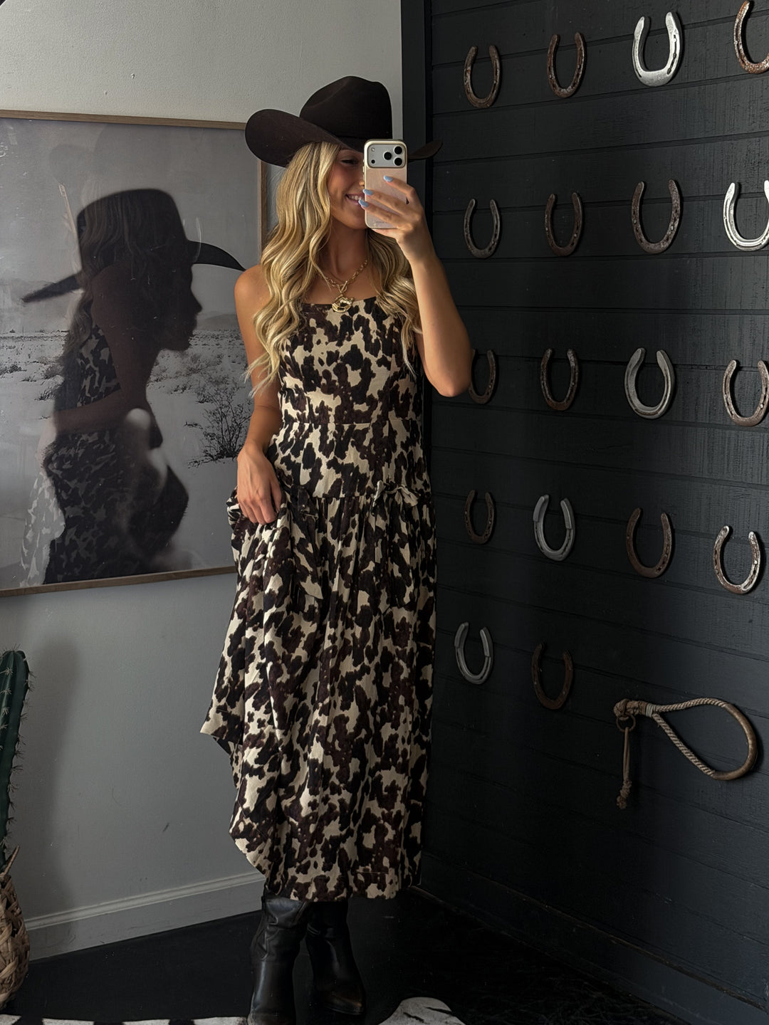 Cow Print Drop Waist Midi Dress