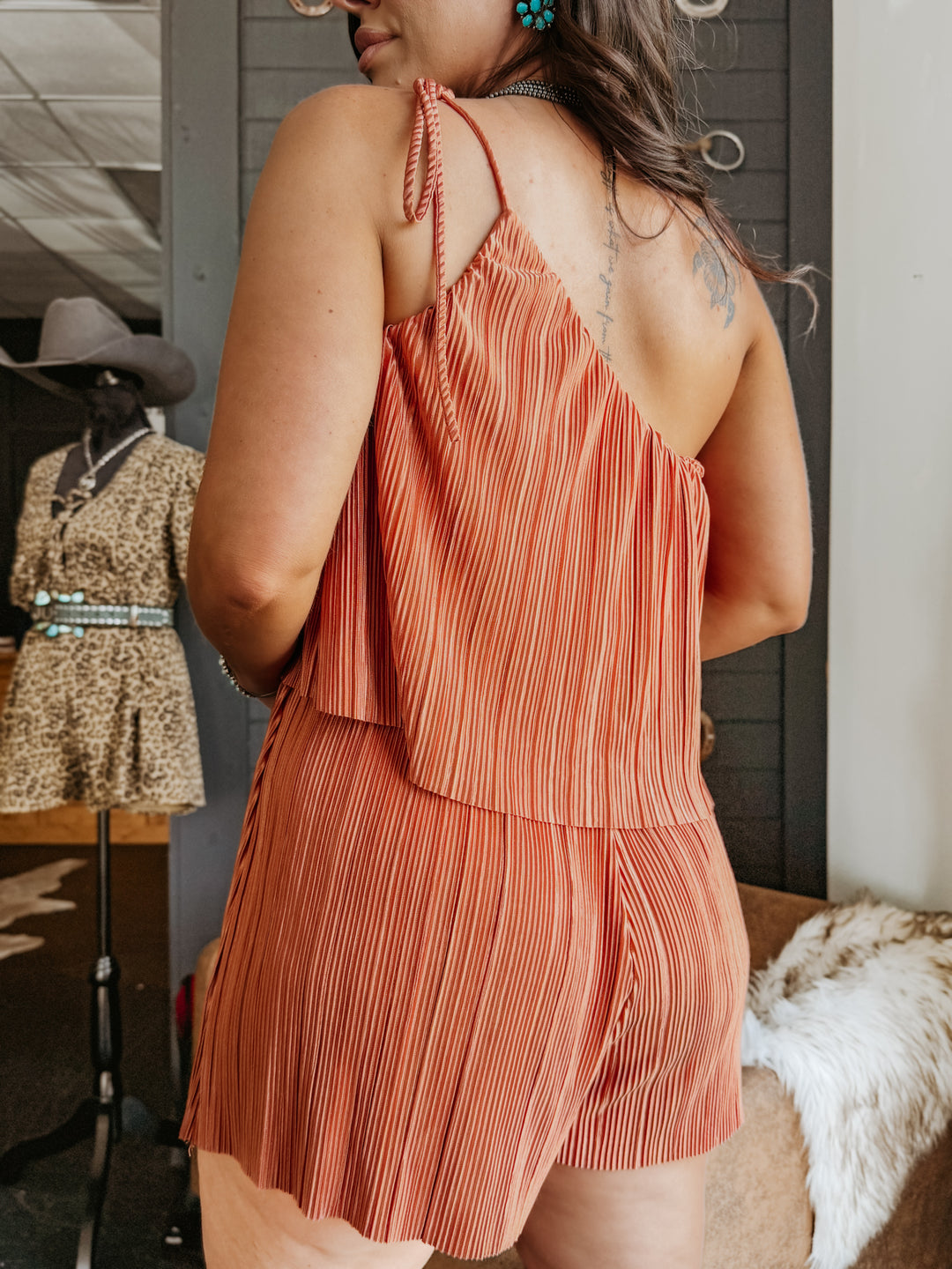 Dusty Rose Pleated One-Shoulder Romper