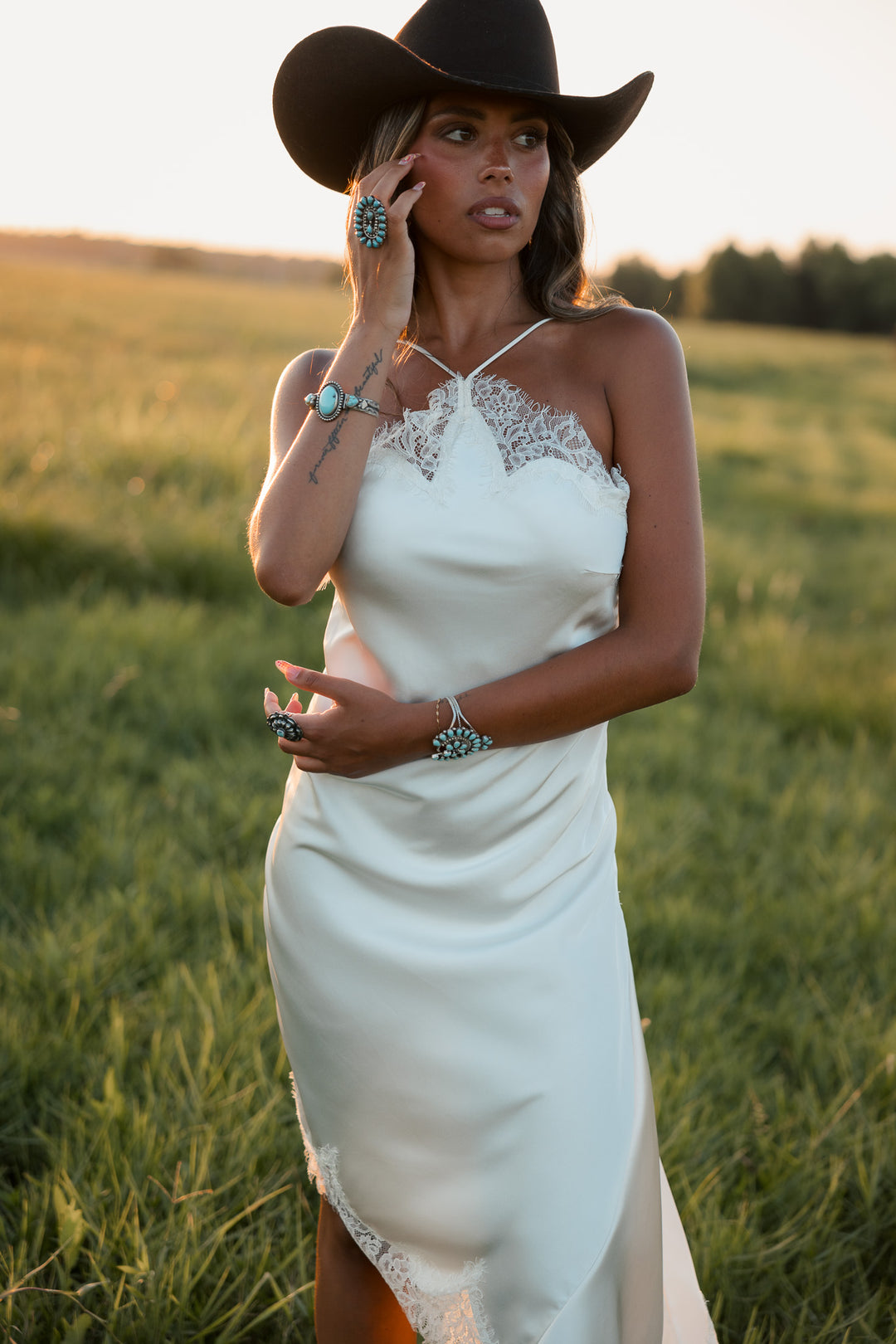 Ivory Lace Trim Satin Asymmetrical Midi Dress