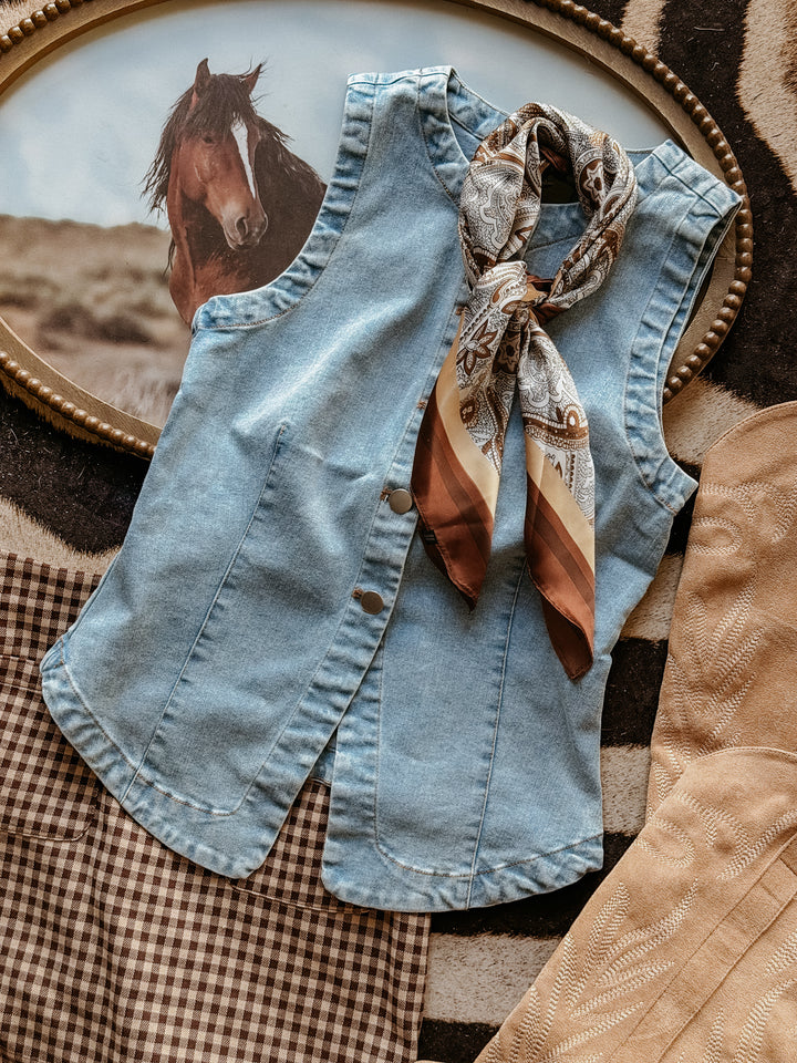 Light Wash Split Hem Button Front Denim Vest
