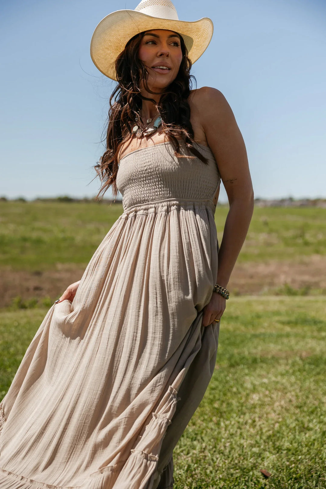 Taupe Smocked Halter Maxi Dress