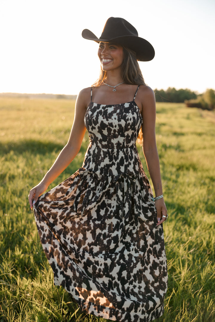 Cow Print Drop Waist Midi Dress