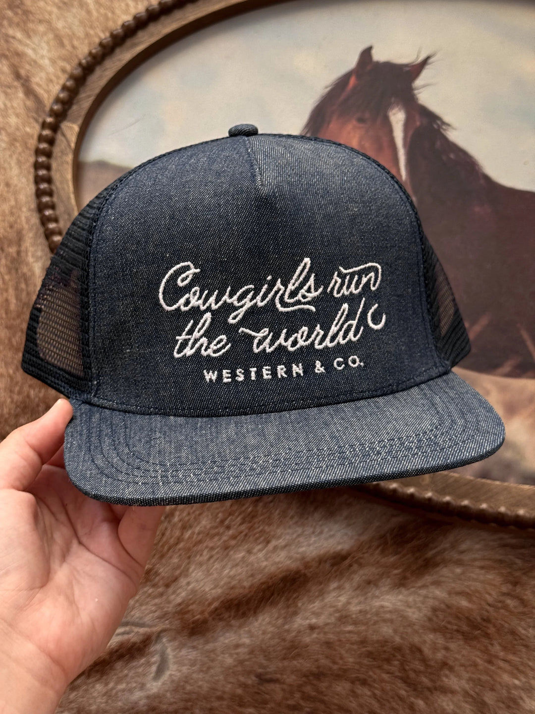 Denim trucker hat with &