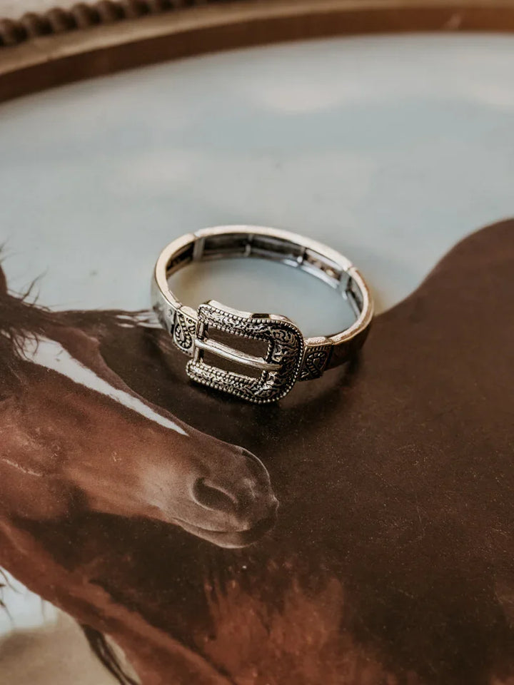 Silver Western Buckle Stretch Bracelet