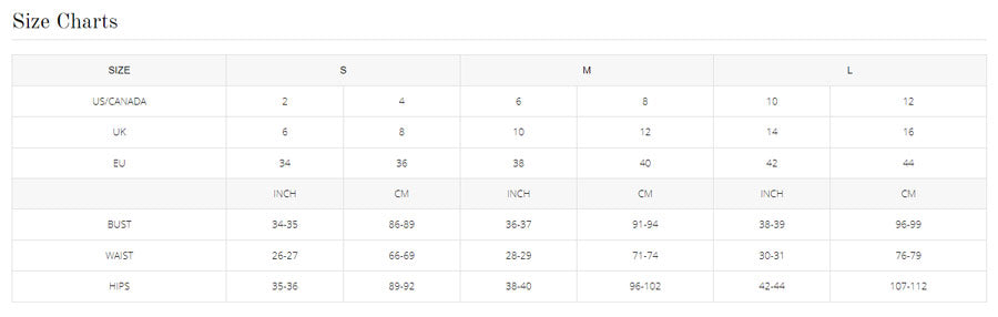 Size chart for clothing with measurements in different units