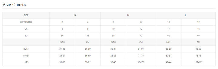 Size chart for clothing with measurements in different units