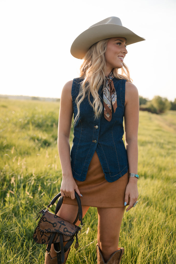 Dark Wash Split Hem Button Front Denim Vest