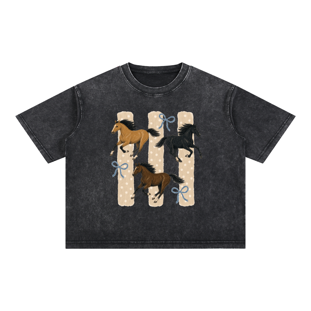 Horses &amp; Bows Vintage Wash Boxy Cotton Graphic Tee