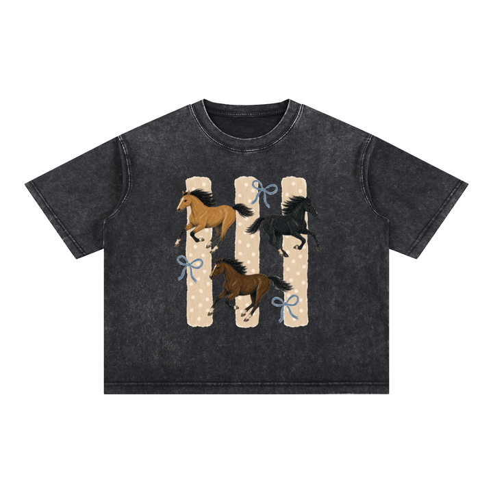 Horses &amp; Bows Vintage Wash Boxy Cotton Graphic Tee