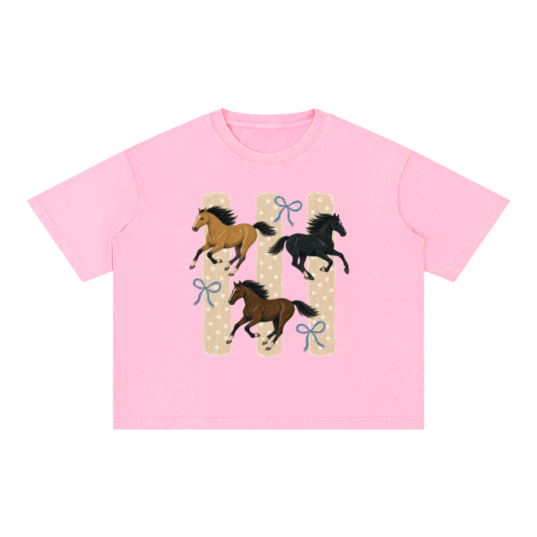 Horses &amp; Bows Vintage Wash Boxy Cotton Graphic Tee
